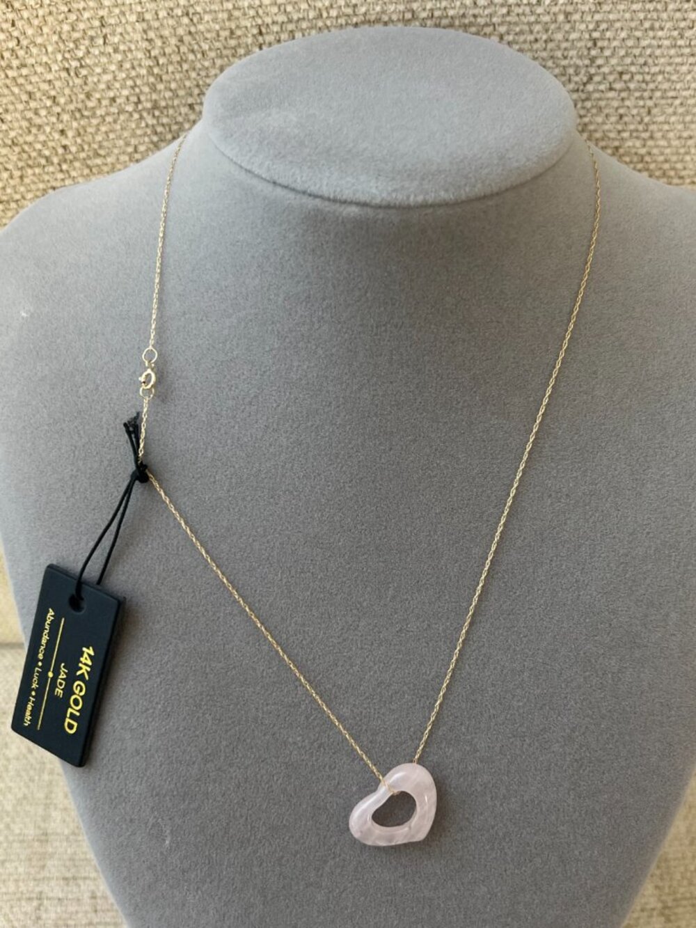 14K Gold Chain & Pink Jade Heart Necklace Romantic Heart Floating Contemporary